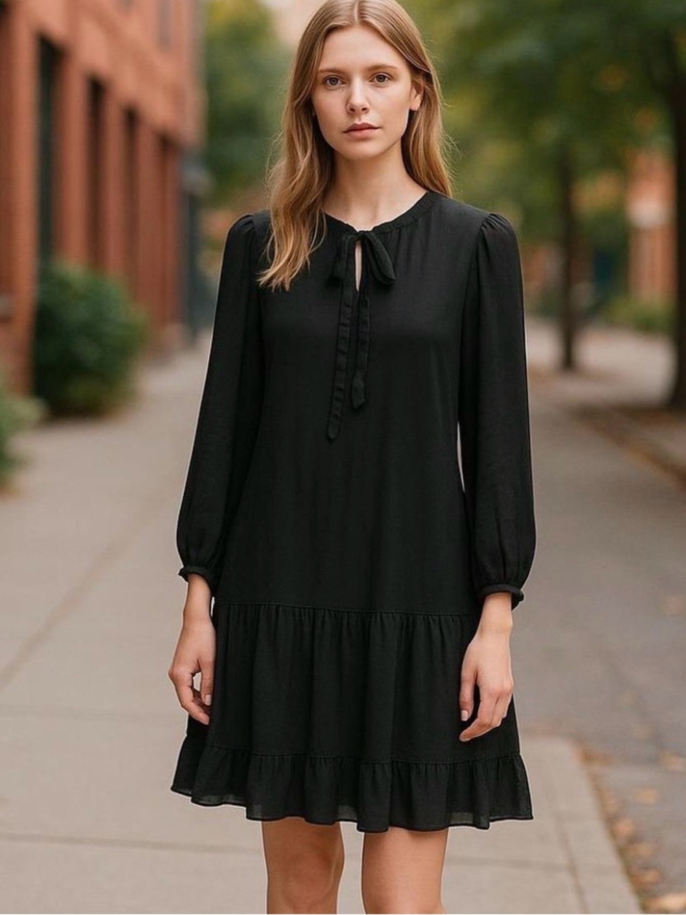 NWT Draper James Black Long-Sleeve Tie-Neck Ruffle Hem Dress Size Small